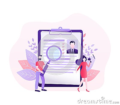 Resume people in flat style. Mobile app application. Flat isometric vector illustration. Laptop screen. Vector data. Cartoon Illustration