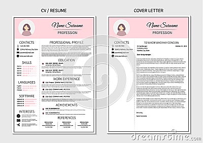 Resume template for women. Modern CV and cover letter layout with infographic. Minimalistic curriculum vitae design. Employment Vector Illustration