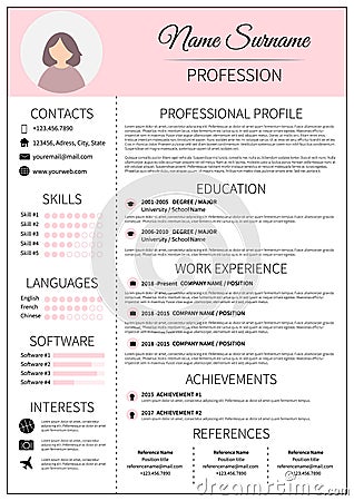 Resume template for women. Modern CV layout with infographic. Minimalist curriculum vitae design. Employment vector illustration Vector Illustration