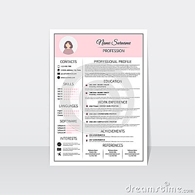 Resume template for women. Modern CV layout with infographic. Minimalistic professional curriculum vitae design. Employment vector Vector Illustration