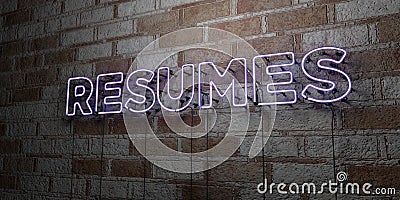 RESUMES - Glowing Neon Sign on stonework wall - 3D rendered royalty free stock illustration Cartoon Illustration