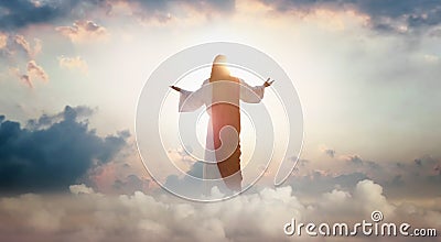 Resurrected Jesus Christ ascending above the sky and clouds, heaven concept Stock Photo