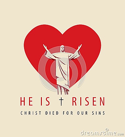 resurrected Jesus Christ with outstretched arms and abstract heart Vector Illustration