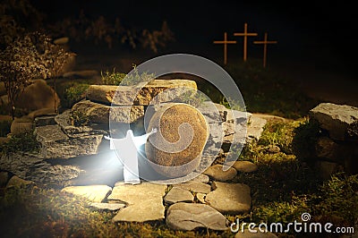 The resurrected Jesus, God, Christ, Messiah, Savior comes out of the grave during Resurrection Stock Photo