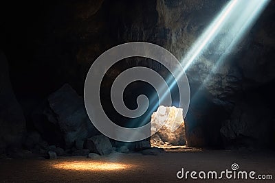 Resurrection. Interior of a cave with light rays. Stock Photo