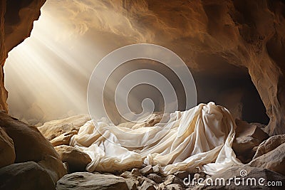 Resurrection of Jesus Christ, empty grave tomb with shroud, bible story of Easter, crucifixion at sunrise Stock Photo