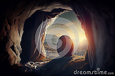 Resurrection of Jesus Christ, empty grave tomb with shroud, bible story of Easter, crucifixion at sunrise, generative AI Stock Photo