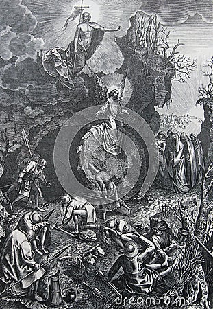 The resurrection by Pieter Brueghel engraved in a vintage book History of Painters, author Jules Benouard, 1864, Paris Stock Photo