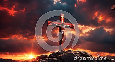 Resurrection's Radiance: The Cross of Jesus Christ on Golgotha's Dramatic Horizon Stock Photo