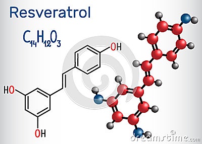 Resveratrol molecule. It is natural phenol, phytoalexin, antioxidant. Structural chemical formula and molecule model Vector Illustration