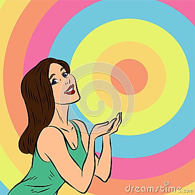 Illustration of a young slim female close up with presenting hand gesture drawn in retro comic pop art style. Vector Illustration