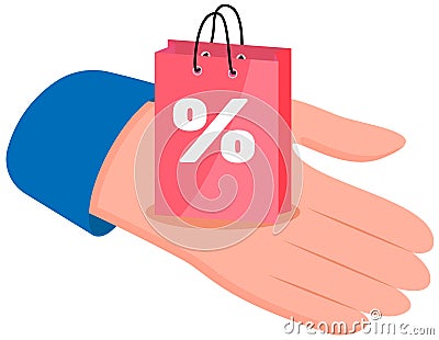 Retail bags with discount flat vector object. Special offer purchases are on the human s hand Vector Illustration