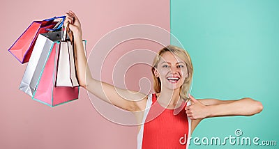 Retail and consumerism. In love with her purchase. Shopping therapy. Buy gifts. Expert in shopping. Woman on shopping Stock Photo