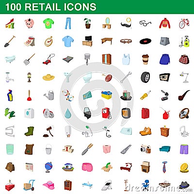 100 retail icons set, cartoon style Vector Illustration