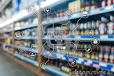 Retail marketing channels E-commerce Shopping automation concept on blurred supermarket background. Stock Photo