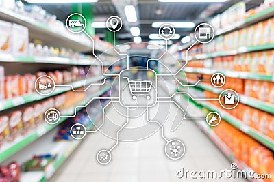 Retail marketing channels E-commerce Shopping automation concept on blurred supermarket background Stock Photo