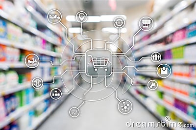 Retail marketing channels E-commerce Shopping automation concept on blurred supermarket background. Stock Photo