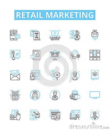 Retail marketing vector line icons set. Retailing, Merchandising, Advertising, Promoting, Selling, Branding, Targeting Vector Illustration