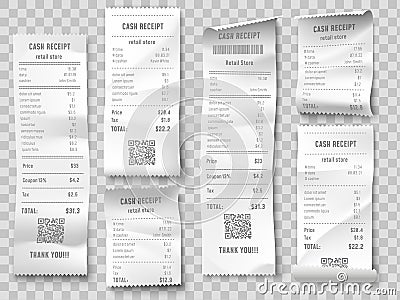 Retail purchase bill. Supermarket shopping receipt, sum invoice check and total cost store sale paper isolated vector Vector Illustration