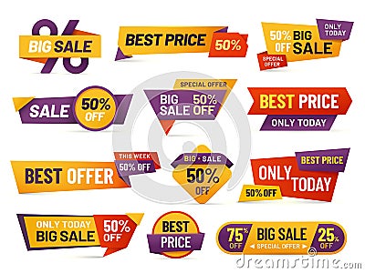 Retail sale tags. Cheap price flyer, best offer price and big sale pricing tag badge design isolated vector collection Vector Illustration