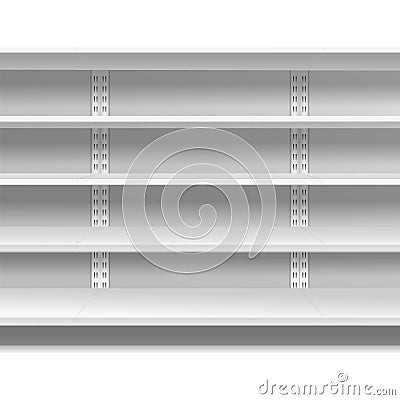 Retail shelves. White supermarket retail rack display shop shelving blank seamless shelves empty store showcase image Vector Illustration