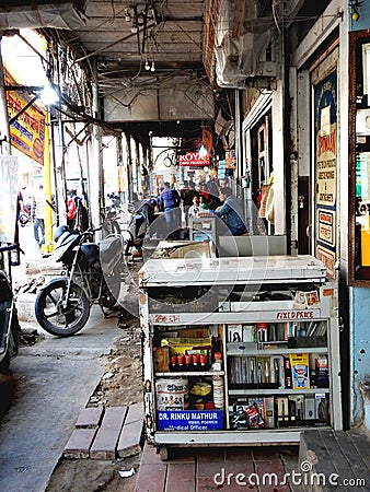 Retail shop storefront in Chandni Chowk, Old Delhi. Editorial Stock Photo