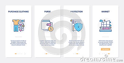 Retail shopping online, money protection UX, UI onboarding mobile app page screen set Vector Illustration