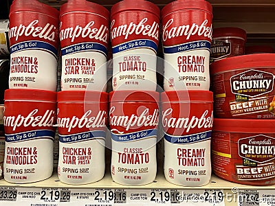 Retail store Campbells soup cups and price tag Editorial Stock Photo