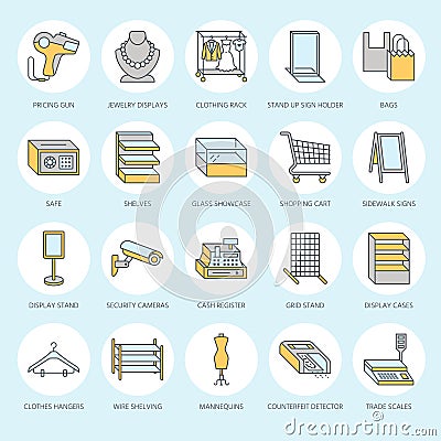 Retail store supplies flat line icons. Trade shop equipment signs. Commercial objects - cash register, basket, scales Vector Illustration