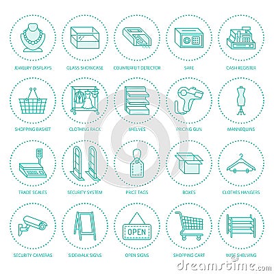 Retail store supplies flat line icons. Trade shop equipment signs. Commercial objects - cash register, basket, scales Vector Illustration