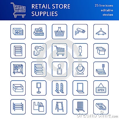 Retail store supplies line icons. Trade shop equipment signs. Commercial objects - cash register, basket, scales Vector Illustration