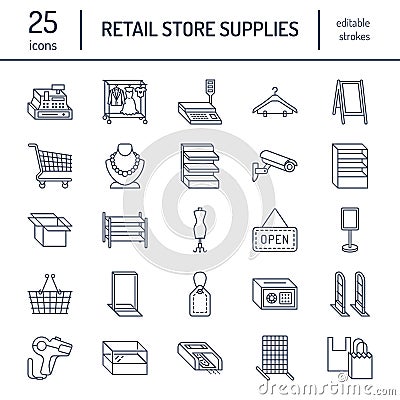 Retail store supplies line icons. Trade shop equipment signs. Vector Illustration