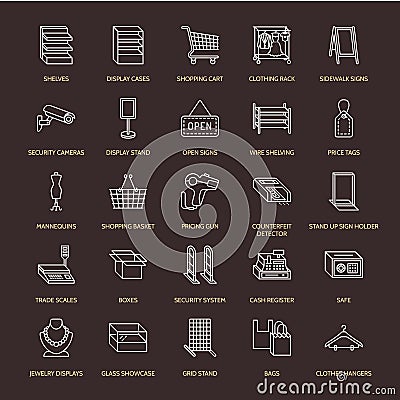 Retail store supplies line icons. Trade shop equipment signs. Commercial objects - cash register, basket, scales Vector Illustration