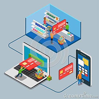 Retail supermarket store shop payment flat 3d vector isometric Vector Illustration