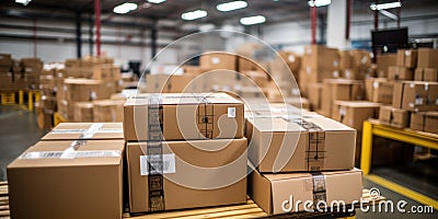 Retail Warehouse full of Shelves with Goods in Cardboard Boxes and Packages. Logistics, Sorting and Distribution Stock Photo