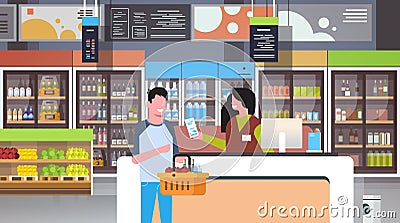 Retail woman cashier at checkout supermarket giving receipt bill man customer holding basket with food shopping concept Vector Illustration