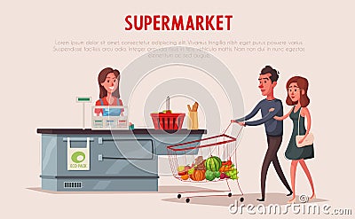 Retail woman cashier and happy couple with purchases. Cartoon vector illustration Vector Illustration