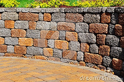 Retaining wall and patio Stock Photo