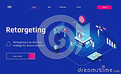 Retargeting or remarketing concept in isometric design. Landing page header or banner. Vector Illustration