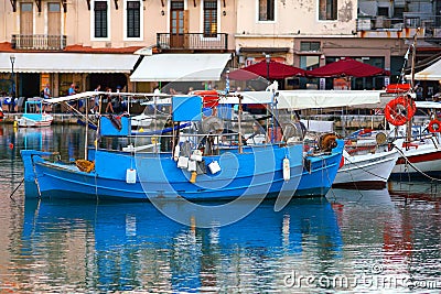 Rethymno, Greece, September 30 2018 View of the port with its boats, its shops and its tourists Editorial Stock Photo