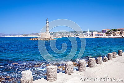 Rethymnon, Crete, Greece - August 15, 2015: The lighthouse in the Venetian port of Rethymnon, the old town. Editorial Stock Photo