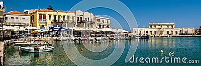 Rethymnon, Crete, Greece: Panorama View of the Old Traditional Venetian Harbor with Blue Sky Editorial Stock Photo