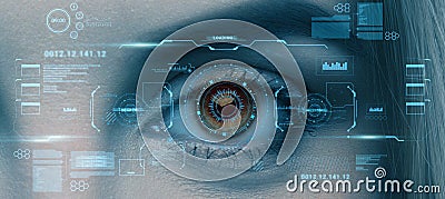 Retina scan of female eye, collage with futuristic data on virtual screen. User biometrical identification system Stock Photo