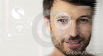 Retina scan of young male, collage with information on digital screen. Empty space. Panorama Stock Photo