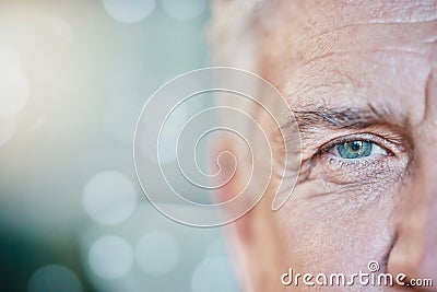 Retina, vision and mockup with blue eye of old man for focus, optometry and healthcare. Iris, human and awareness with Stock Photo