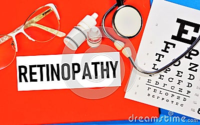Retinopathy. Text label to indicate the state of vision health. Stock Photo