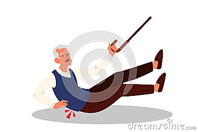 Retired men falling down. Elderly person with cane on the floor. Vector Illustration