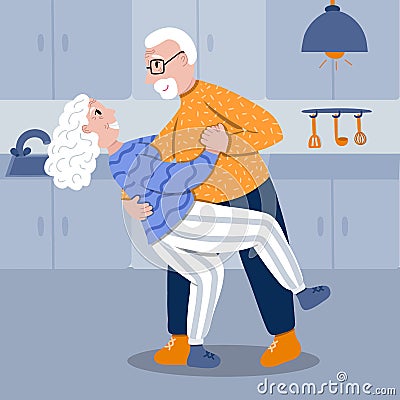 Retired senior couple dancing together in the cozy kitchen. Old lady and gentleman dancing romantically. Grandpa does dance Vector Illustration