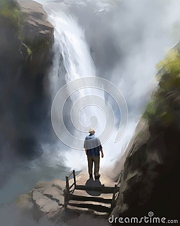 A retiree standing atop a waterfall looking down into the abyss feeling the thrill of a new start and a new challenge Stock Photo