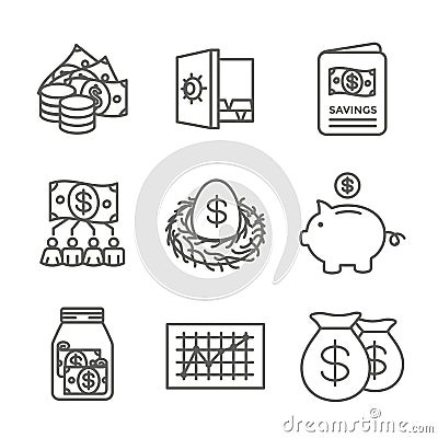 Retirement Account and Savings Icon Set w Mutual Fund, Roth IRA, etc Vector Illustration